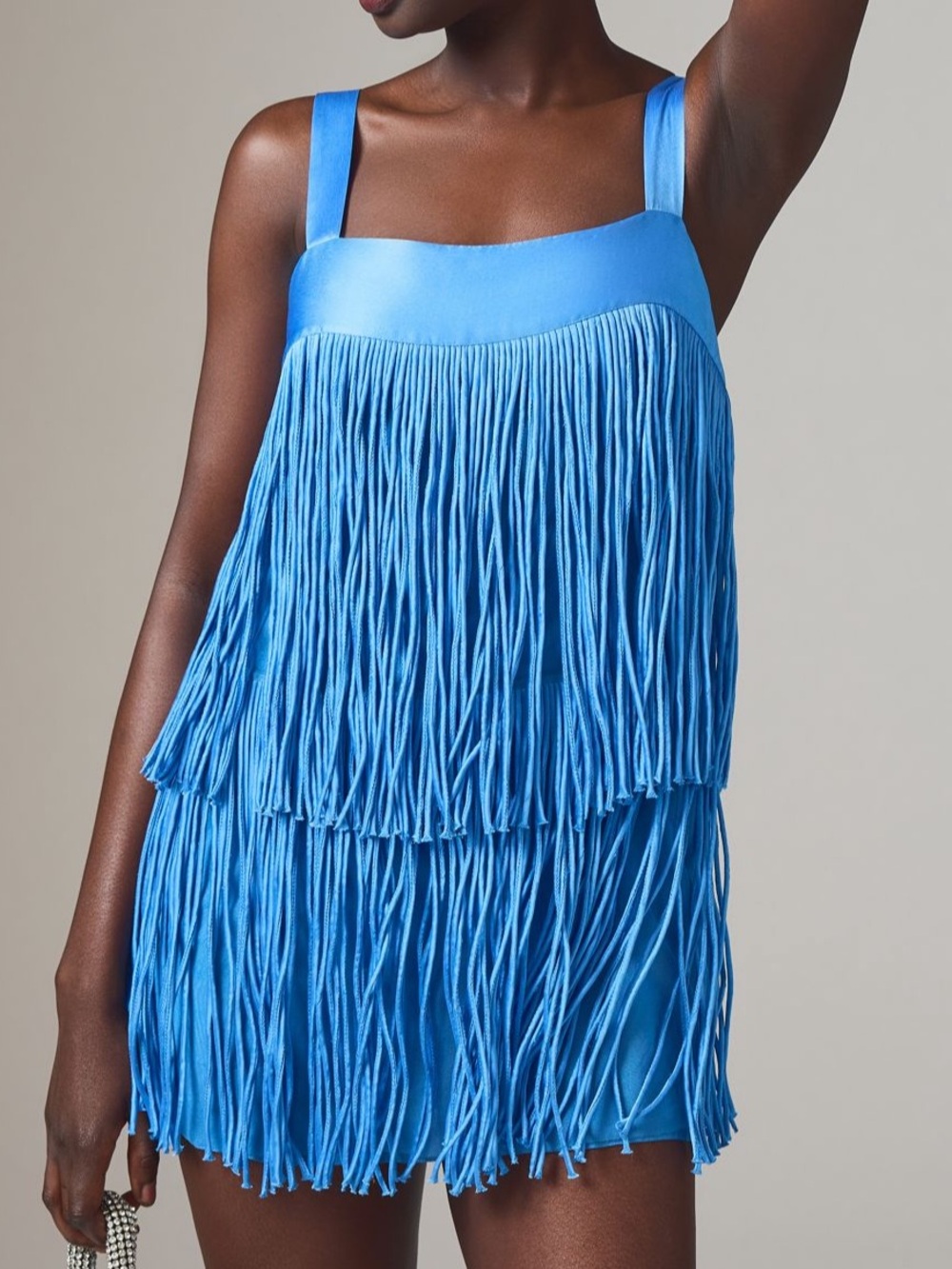 Anthropologie Geisha Designs Fringed Mini Dress bright blue